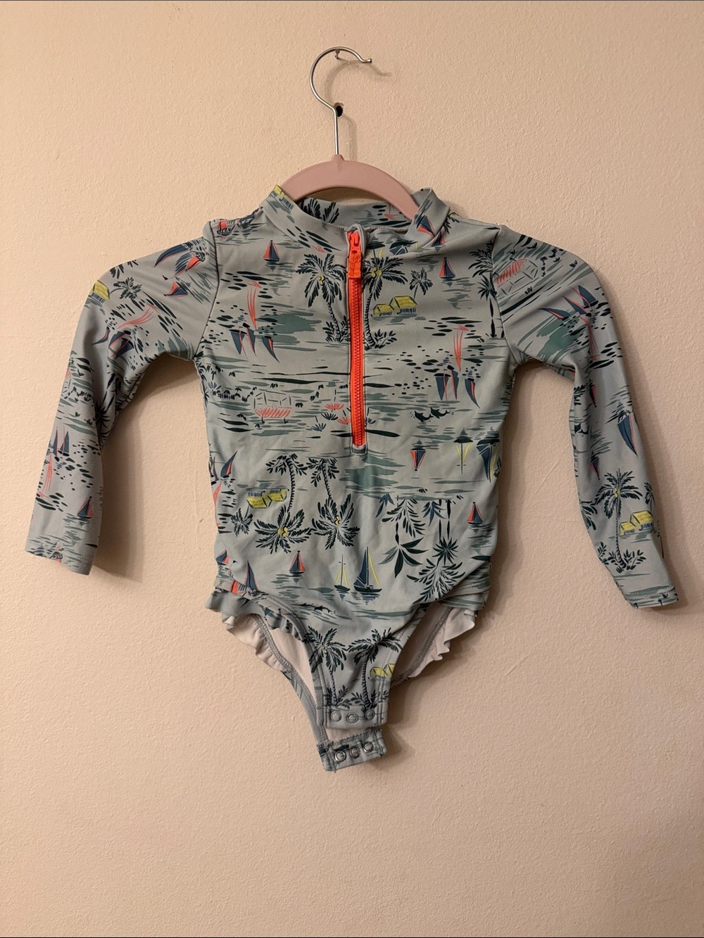 Carter's Aqua Tropical Print Long-Sleeve One-Piece Rashguard with Orange Zipper